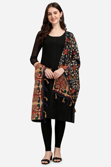 Navy Blue Color Kalamkari And Floral Digital Printed Chanderi Silk Dupatta For Women